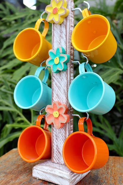 Suporte de Caneca Colorido Madeira + 6 Canecas Amarelas, Tifanny e Laranja