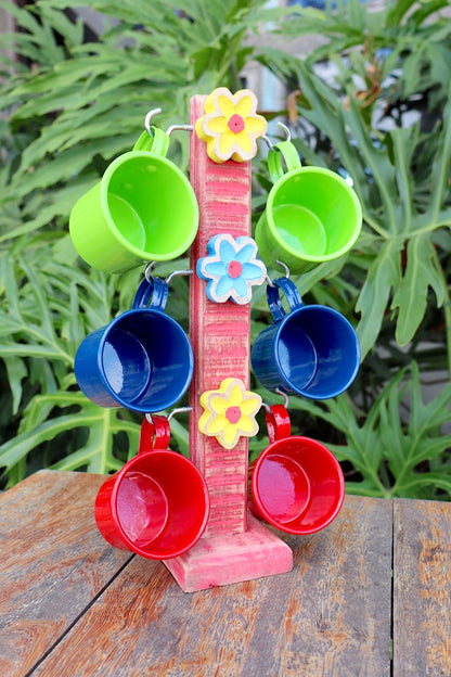 Suporte de Caneca Vermelho Madeira + 6 Canecas Coloridas