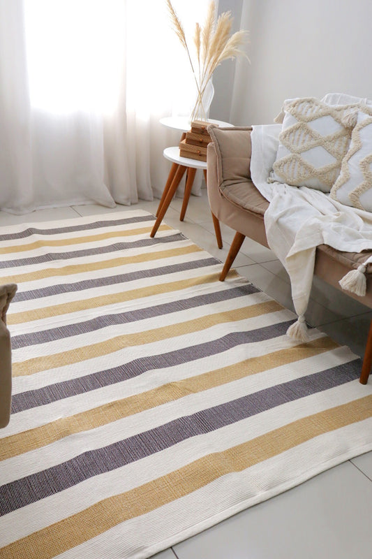 Tapete em Linha Listrado Amarelo, Cru e Marrom 1,50x2,00m