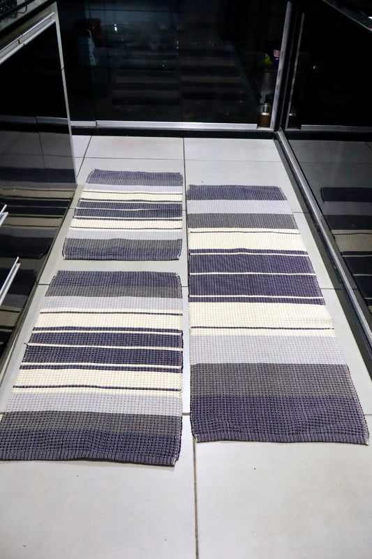 Jogo de Passadeira Linha Listrado Azul e Cru