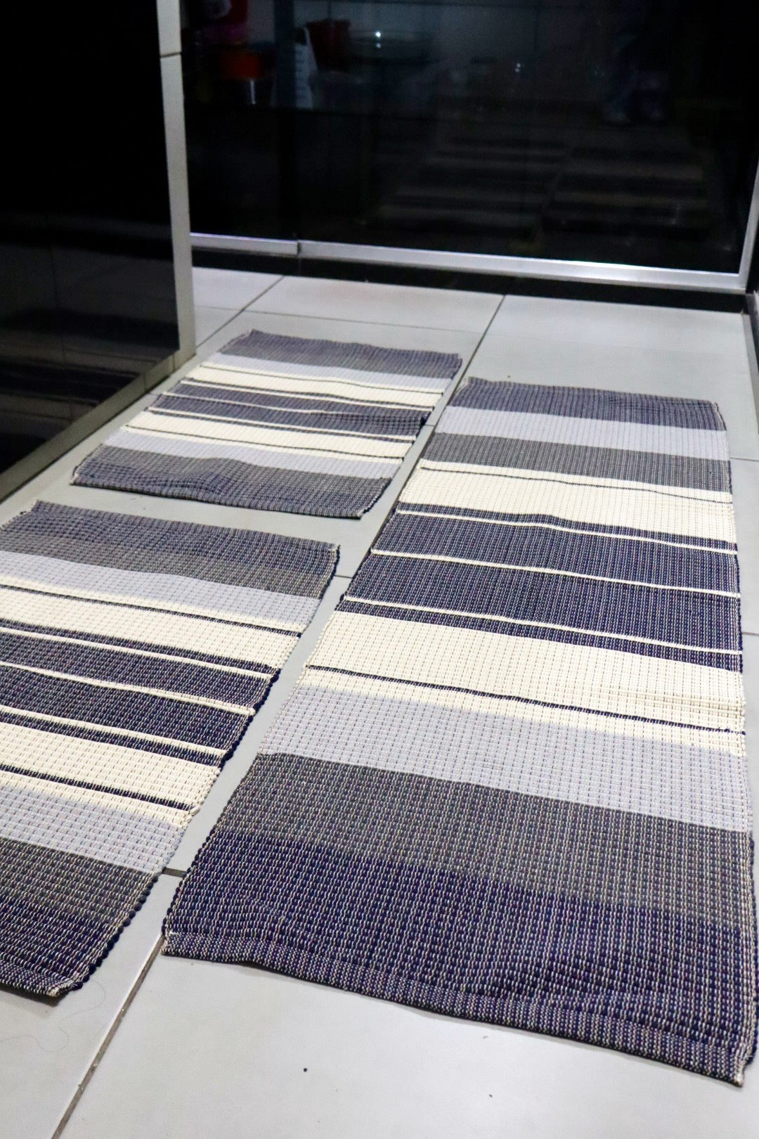 Jogo de Passadeira Linha Listrado Azul e Cru