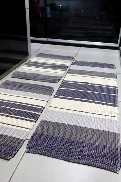 Jogo de Passadeira Linha Listrado Azul e Cru