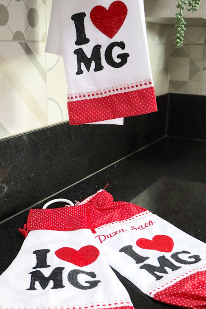 Kit Cozinha 3 Peças - Bate Mão, Pano De Prato E Puxa Saco I Love MG