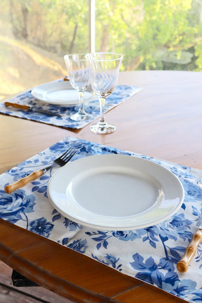 Lugar Americano Dupla Face Impermeável Floral Azul/ Listrado Azul