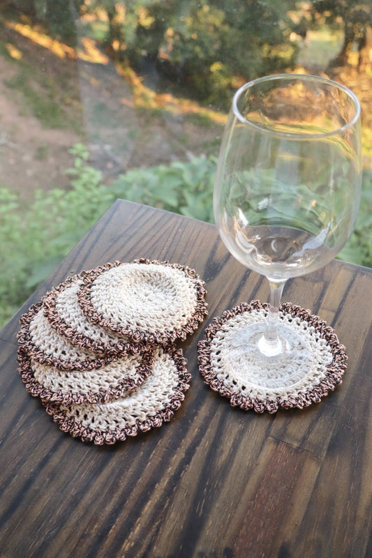 Kit 6 Porta Copos / Descanso Para Copos Crochê Malha Cru com Beirada Marrom Mescla