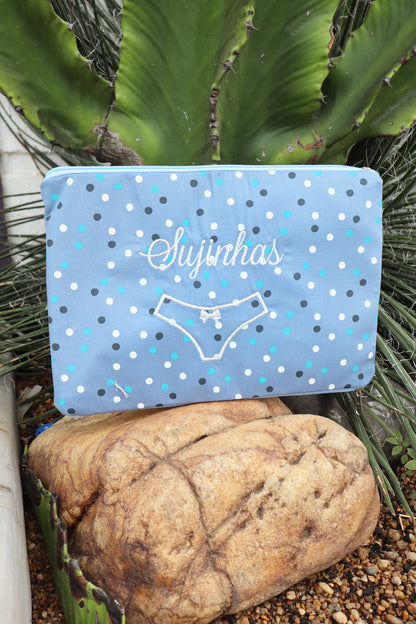 Necessaire Porta Calcinha Limpinha Sujinha P Poá Azul