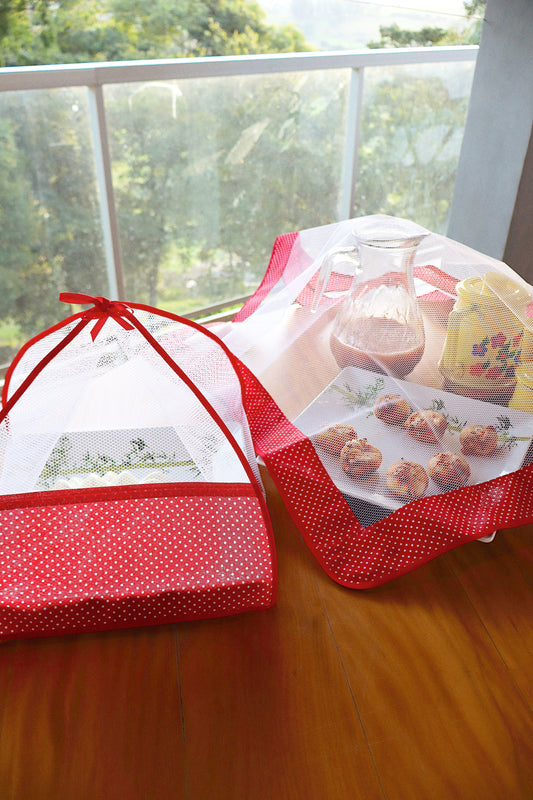 Kit Tule Cobre Alimentos 72x72cm + Cobre Bolo 30x30cm Poá Vermelho