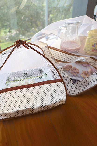 Kit Tule Cobre Alimentos 72x72cm + Cobre Bolo 30x30cm Poá Branco com Marrom