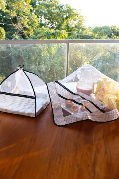 Kit Tule Cobre Alimentos 72x72cm + Cobre Bolo 30x30cm Poá Branco com Preto