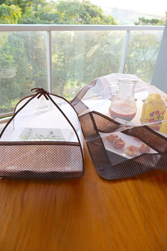 Kit Tule Cobre Alimentos 72x72cm + Cobre Bolo 30x30cm Poá Marrom