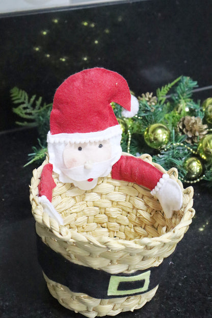 Cachepô Cesta de Papai Noel de Natal em Palha