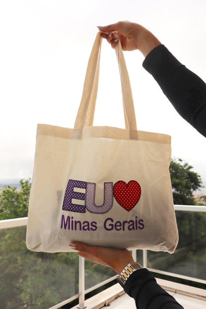 Bolsa de Ombro Algodão Eu Amo MG Lilás