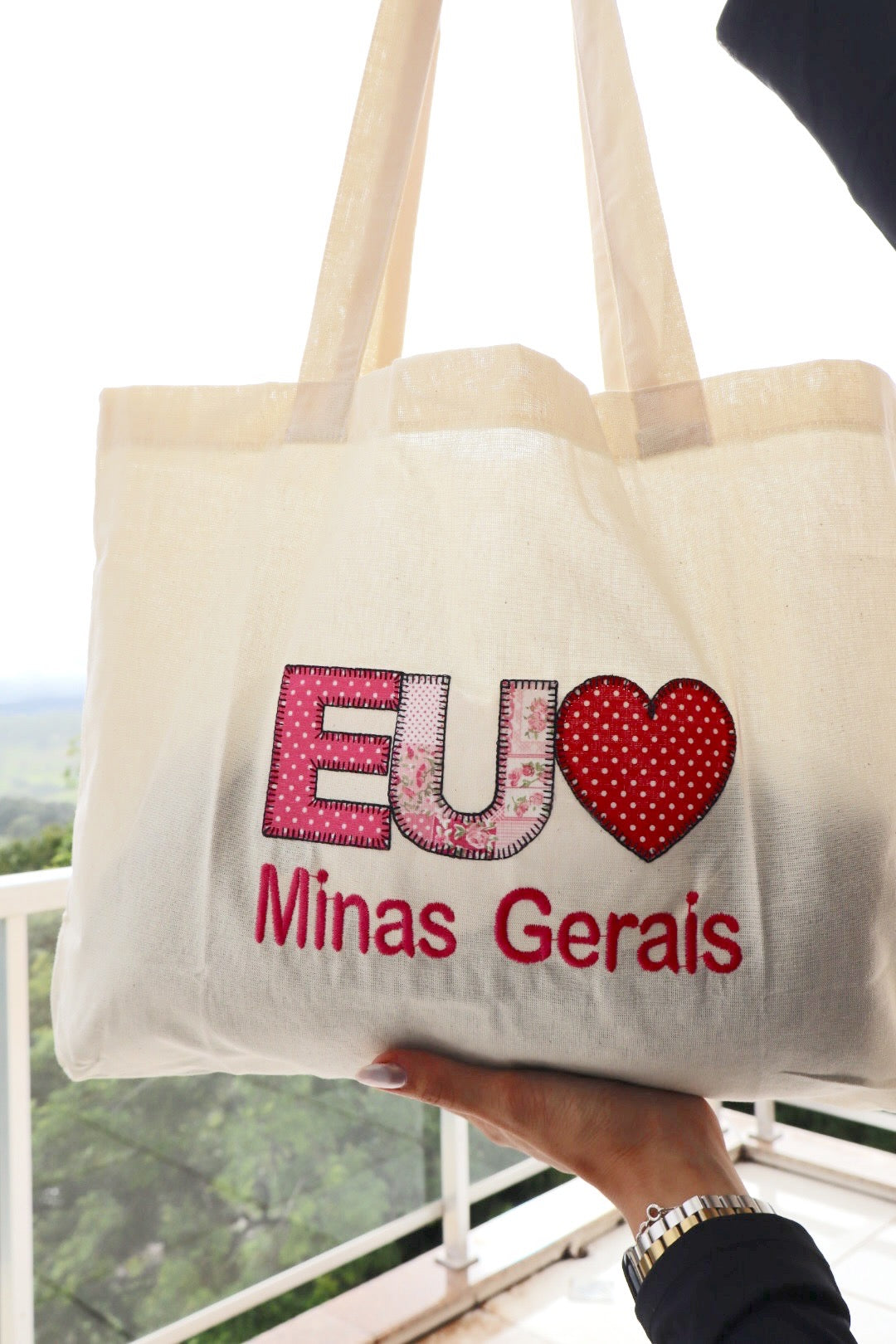 Bolsa de Ombro Algodão Eu Amo MG Rosa