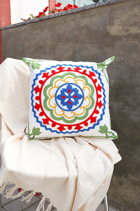 Capa de Almofada Bordada em Linho 45x45 Verde, Azul e Vermelho
