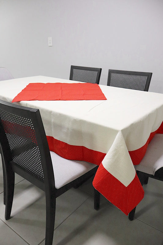 Toalha de Mesa com Barra de Tricoline Poá Vermelho com Composê 1,5mx2,2m