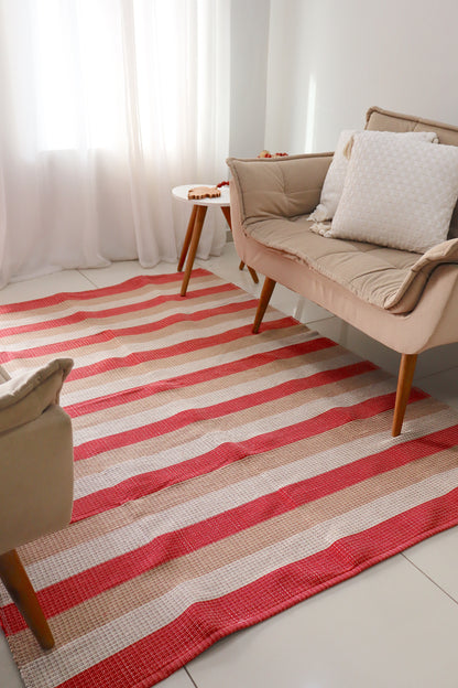 Tapete em Linha Listrado Vermelho, Bege e Cru 1,50x2,00m
