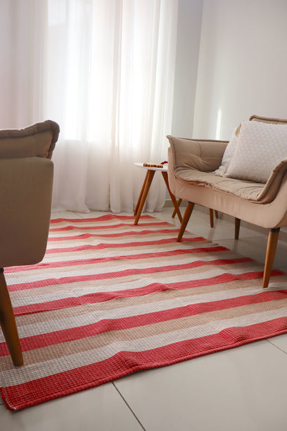 Tapete em Linha Listrado Vermelho, Bege e Cru 1,50x2,00m