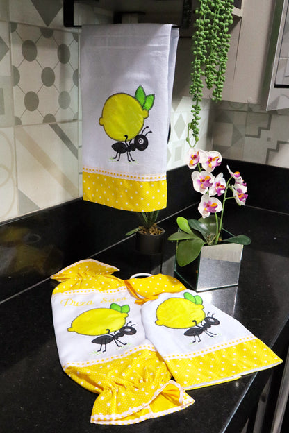 Kit Cozinha 3 Peças - Bate Mão, Pano De Prato E Puxa Saco Formiga Amarelo