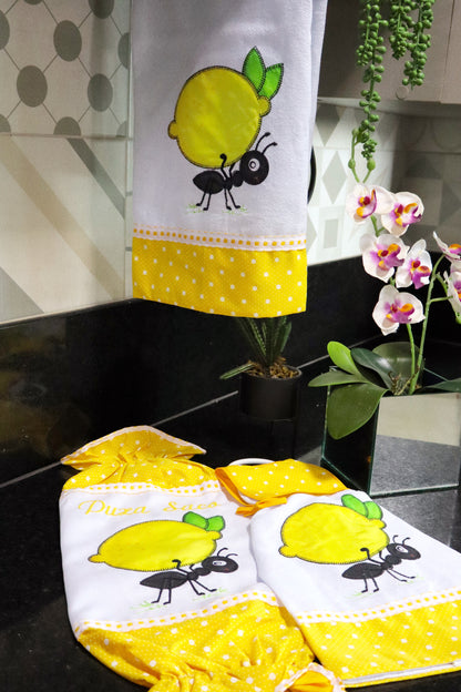 Kit Cozinha 3 Peças - Bate Mão, Pano De Prato E Puxa Saco Formiga Amarelo