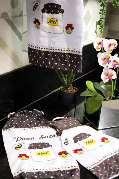 Kit Cozinha 3 Peças - Bate Mão, Pano De Prato E Puxa Saco Mel Preto