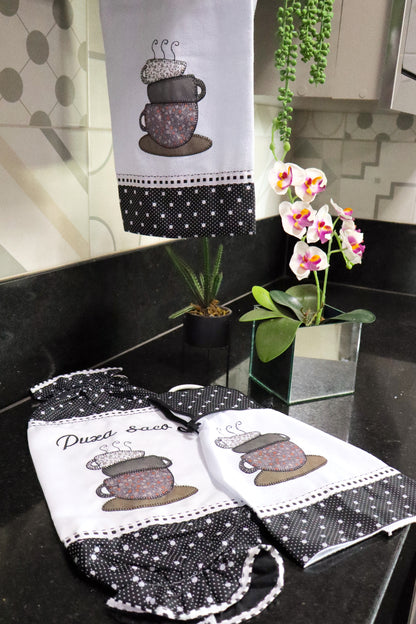 Kit Cozinha 3 Peças - Bate Mão, Pano De Prato E Puxa Saco Xícaras Preto