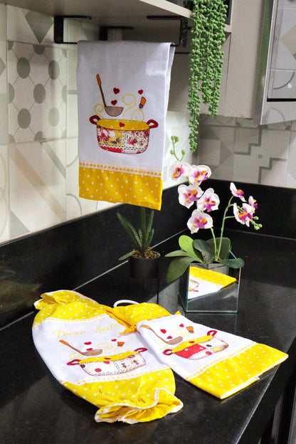 Kit Cozinha 3 Peças - Bate Mão, Pano De Prato E Puxa Saco Panela Amarelo