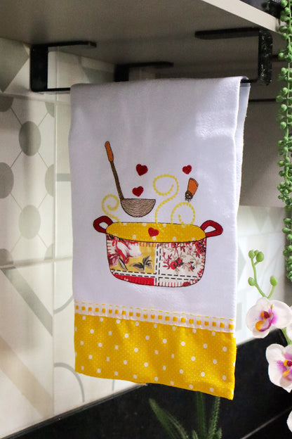 Kit Cozinha 3 Peças - Bate Mão, Pano De Prato E Puxa Saco Panela Amarelo