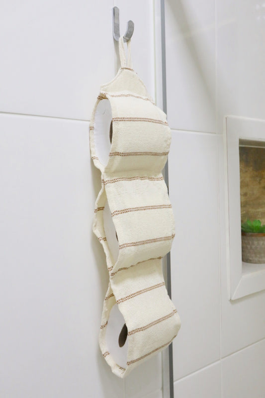 Porta Papel Higiênico 3 Lugares Algodão Listrado Cru