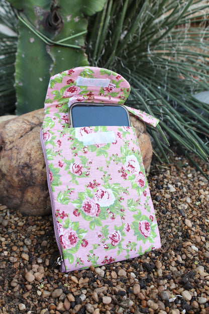 Necessaire Porta Celular Flores Rosa e Verde