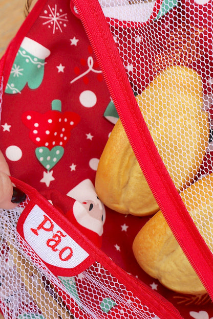 Cesta Porta Pão Bambu com Zíper Natal Vermelha