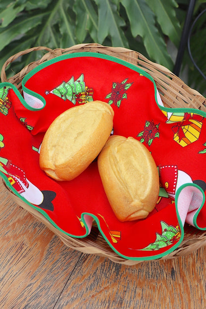 Cesta Porta Pão Bambu com Zíper Natal Vermelha com Viés Verde