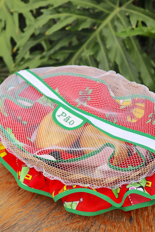 Cesta Porta Pão Bambu com Zíper Natal Vermelha com Viés Verde