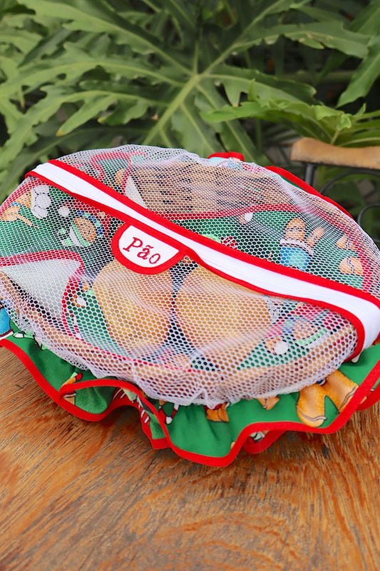 Cesta Porta Pão Bambu com Zíper Natal Biscoitos com Viés Vermelho