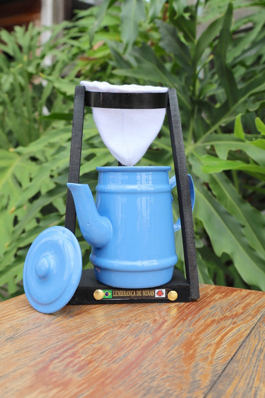 Kit Café Mini Bule 250ml Alumínio E Suporte Com Coador Azul Claro