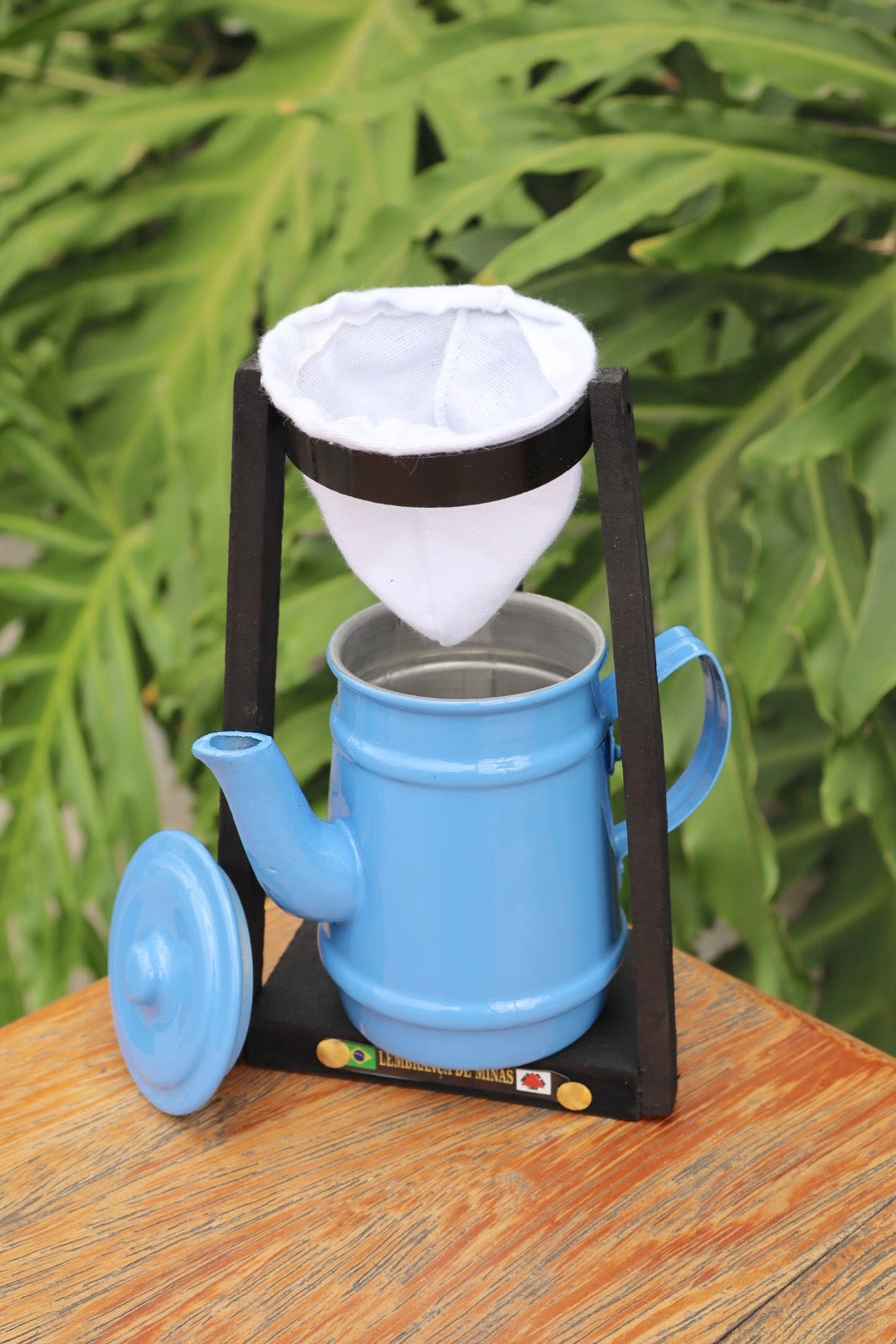 Kit Café Mini Bule 250ml Alumínio E Suporte Com Coador Azul Claro