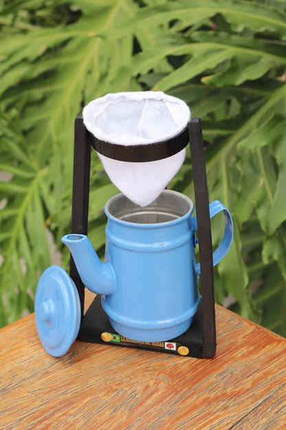 Kit Café Mini Bule 250ml Alumínio E Suporte Com Coador Azul Claro