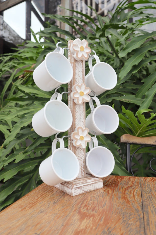 Suporte de Caneca Branco Madeira + 6 Canecas Brancas