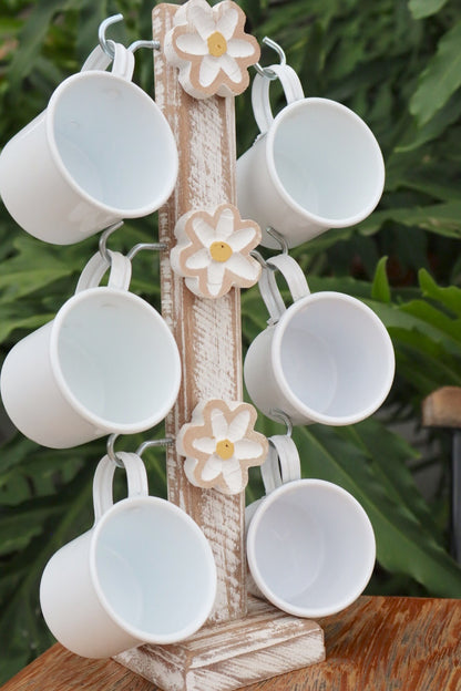 Suporte de Caneca Branco Madeira + 6 Canecas Brancas