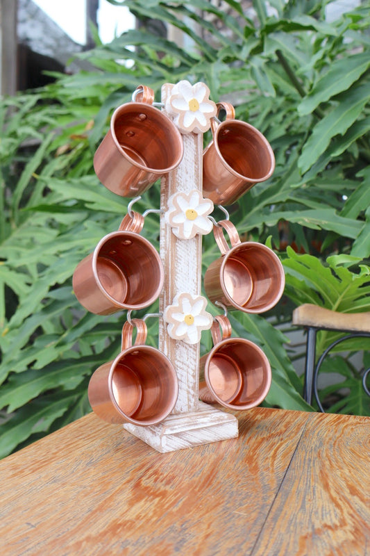 Suporte de Caneca Branco Madeira + 6 Canecas Cobre