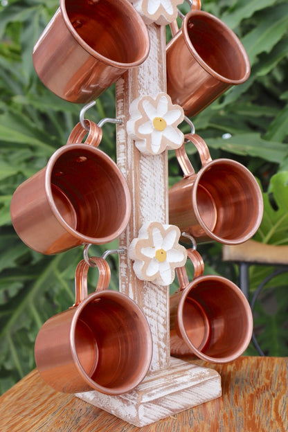 Suporte de Caneca Branco Madeira + 6 Canecas Cobre