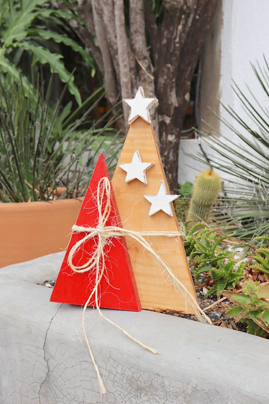Árvore Madeira Natal Decorada Vermelha e Bege