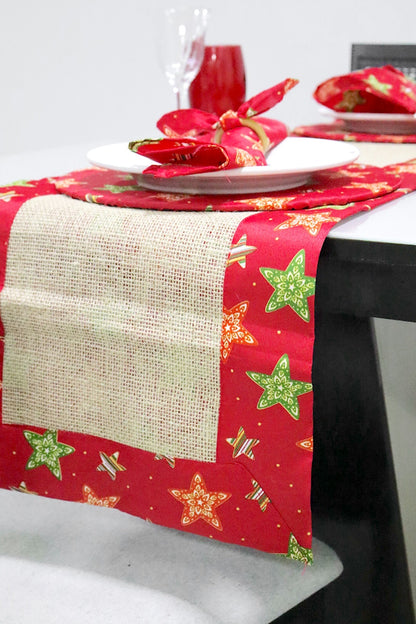 Caminho de Mesa Dupla Face Juta / Tecido Estrelas Vermelha Natal