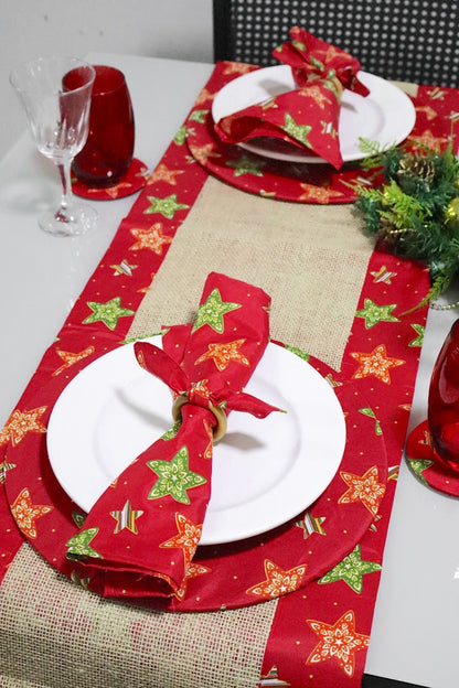 Caminho de Mesa Dupla Face Juta / Tecido Estrelas Vermelha Natal