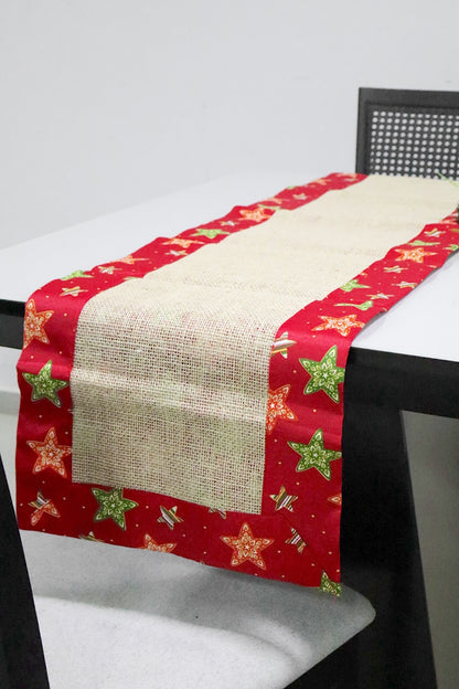 Caminho de Mesa Dupla Face Juta / Tecido Estrelas Vermelha Natal