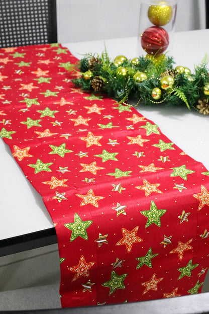 Caminho de Mesa Dupla Face Juta / Tecido Estrelas Vermelha Natal