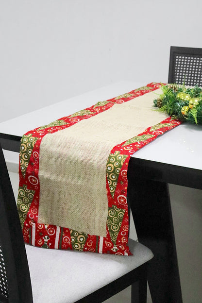 Caminho de Mesa Dupla Face Juta / Tecido Árvores Vermelho Natal