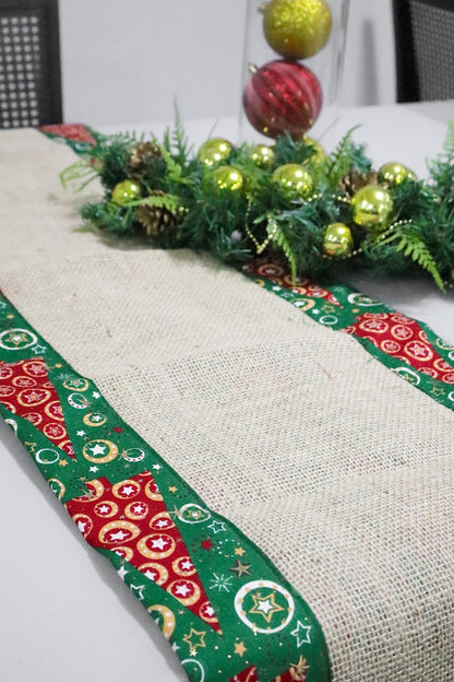 Caminho de Mesa Dupla Face Juta / Tecido Árvores Verde Natal