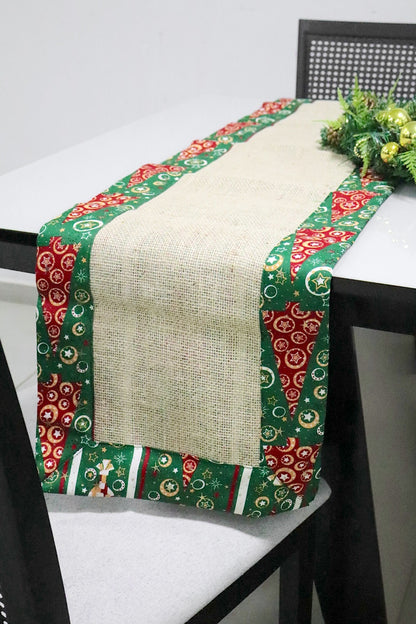 Caminho de Mesa Dupla Face Juta / Tecido Árvores Verde Natal