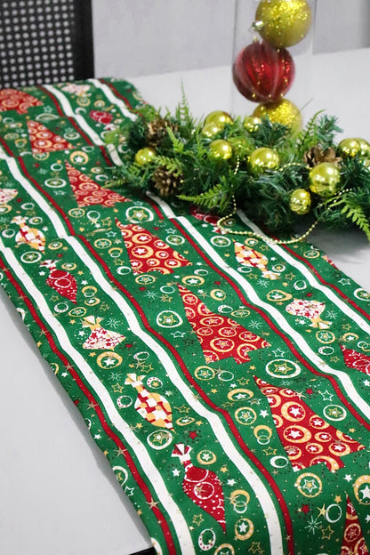 Caminho de Mesa Dupla Face Juta / Tecido Árvores Verde Natal