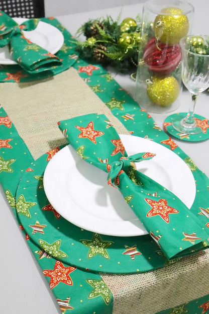 Caminho de Mesa Dupla Face Juta / Tecido Estrelas Verde Natal
